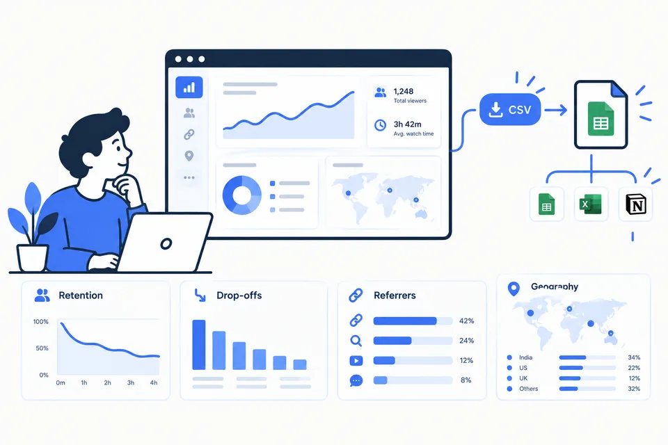 Illustration of the viewer analytics dashboard with CSV export